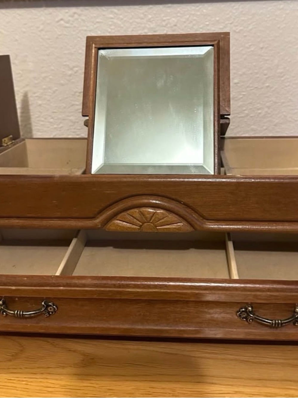 Vintage Wood Jewelry Organizer Tray with Fold-Up Mirror - Brown